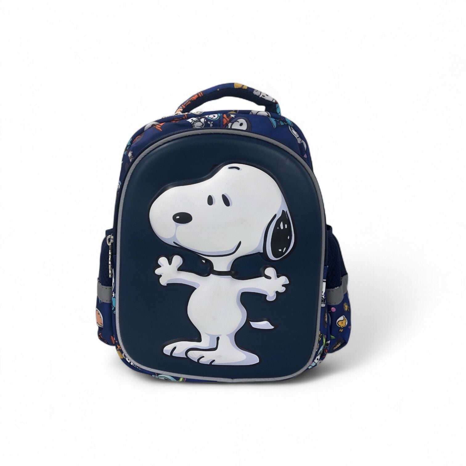 12-inch navy school backpack with Snoopy standing graphic, padded straps, and front pocket